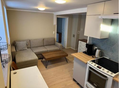 a kitchen and living room with a couch and a table at Hybel in Porsgrunn