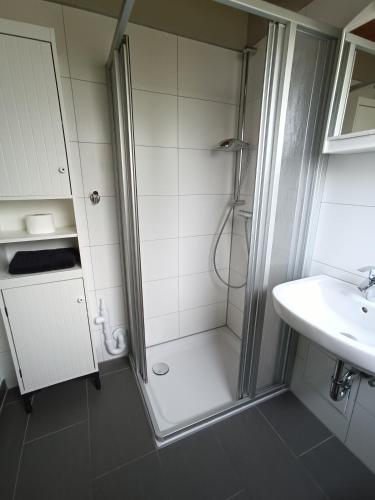 a bathroom with a shower and a sink at Ferienhaus Glücksgefühle in Waldbrunn