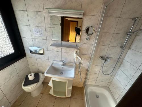a bathroom with a sink and a shower and a toilet at Ferienhaus Romantiknest in Waldbrunn