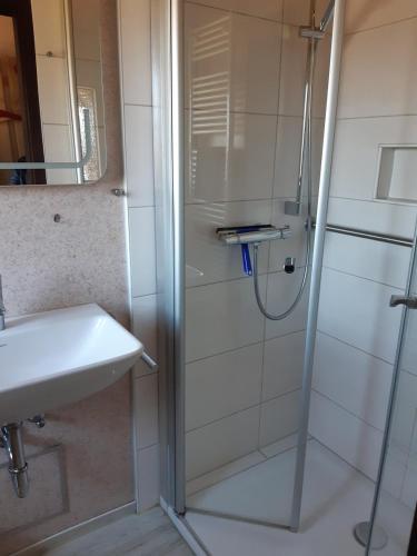 a shower with a glass door next to a sink at Ferienhaus Sonnenpfad in Waldbrunn
