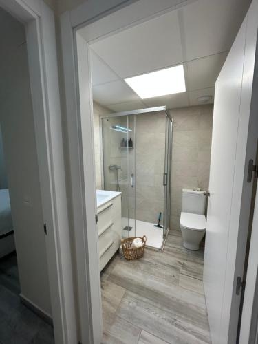 a bathroom with a shower and a toilet and a sink at Hernández Central Park in Melilla