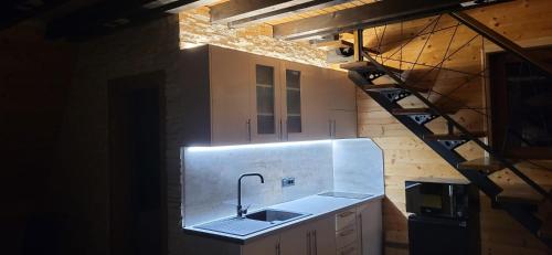 a kitchen with a sink and a stove at Brvnare na Oku Zlatibor in Ocka Gora