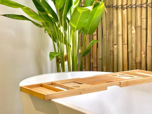 a plant sitting on top of a white bath tub at Sky Heritage Hotel in Phnom Penh