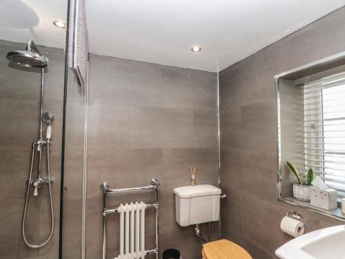a bathroom with a shower and a toilet and a sink at Isla cottage in Northallerton