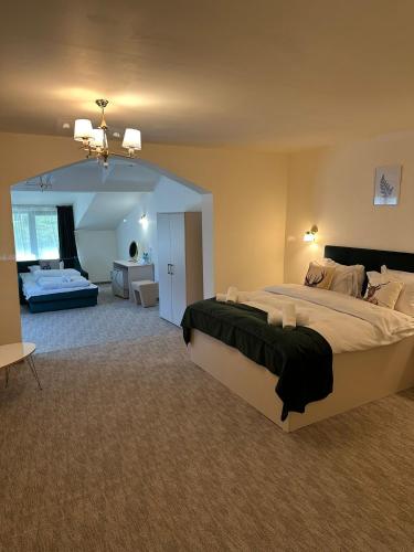 a large bedroom with a large bed and a bathroom at Cerbul Chalét Accommodation & Wellness in Râşnov
