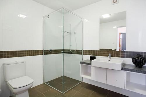 a bathroom with a glass shower and a toilet and a sink at Triggerplant 2 in Dinner Plain