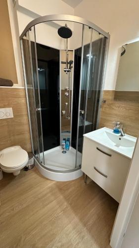 a bathroom with a shower and a toilet and a sink at Chambres mimi deni in Hésingue