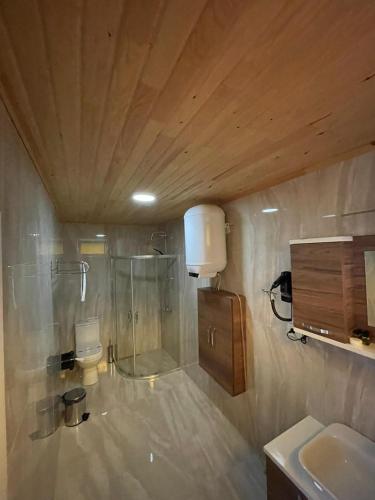 a bathroom with a shower and a sink at pınar kır evi in Artvin