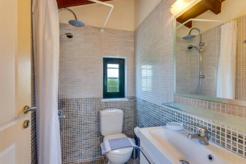 a bathroom with a toilet and a sink and a mirror at Villa Anna Maria by Villa Plus in Pírgos Psilonérou