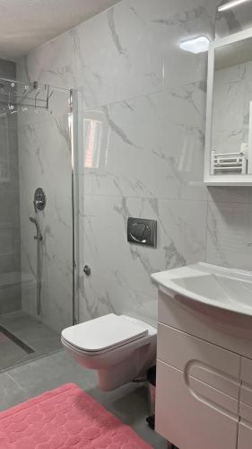 a bathroom with a toilet and a sink and a shower at Behar Apartment with City View in Sarajevo