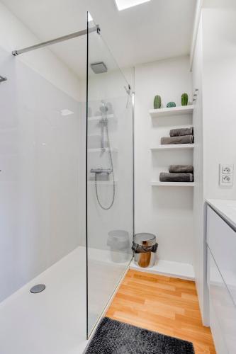 a bathroom with a glass shower stall and a rug at SleutelVan8 in Knokke-Heist