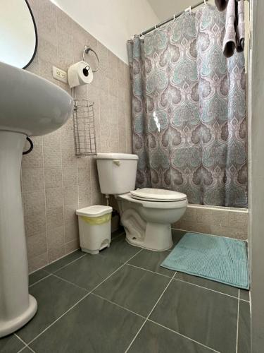 a bathroom with a toilet and a sink and a shower at las gaviotas in Bayahibe