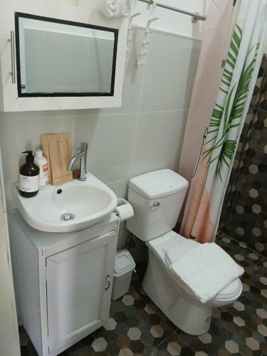 ein Badezimmer mit Toilette, Waschbecken und Spiegel in der Unterkunft Bitang's Guesthouse - Starlink Ready in Burgos
