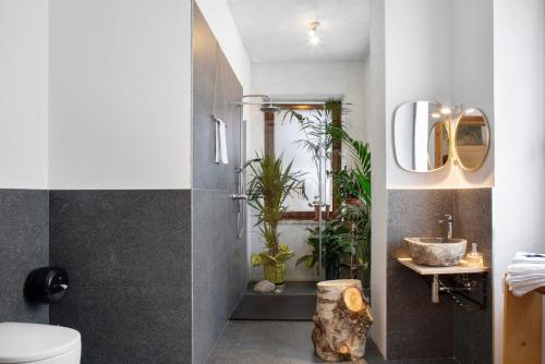 a bathroom with a sink and a tub with plants at Edelweiss Alp Rooms in Castello Tesino