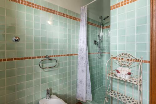 a green tiled bathroom with a shower and a sink at Podere San Bartolo- Casa colonica 3 in Barberino di Val dʼElsa