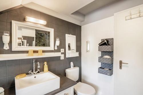 a bathroom with a sink and a toilet and a mirror at Das Spatzennest in Bad Sachsa