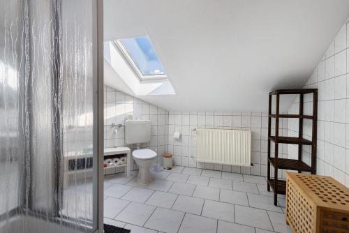 a bathroom with a toilet and a skylight at Ferienwohnung Thomée in Looft