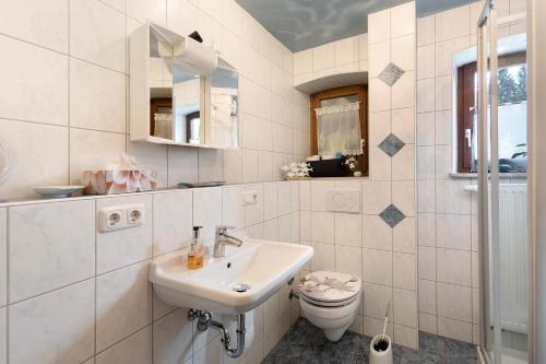 a white bathroom with a sink and a toilet at Buchhaus Vier - Erdgeschoss in Kirchenlamitz