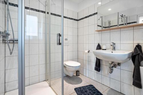 a bathroom with a toilet and a sink and a shower at tierfreundliche Ferienwohnung in Adamshoffnung