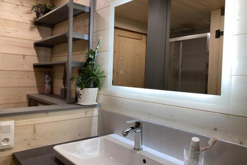 a bathroom with a sink and a mirror at Chalet les Sonnailles in Mont-Dore