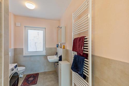 a small bathroom with a sink and a toilet at Feel Free Apartment in Rheinböllen
