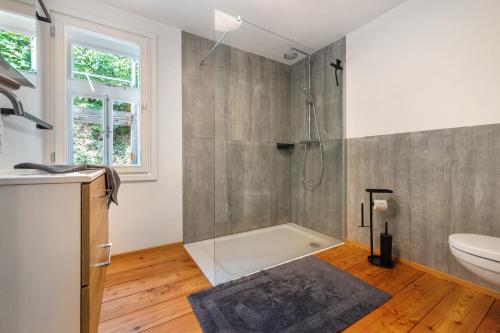 a bathroom with a shower and a tub and a sink at Ferienhaus Bergmann mit Sauna in Wildemann