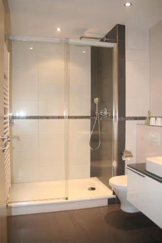 a shower with a glass door in a bathroom at Apartment für 2, nicht für Monteure in Niederau
