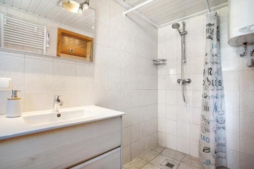 a bathroom with a sink and a shower at Ferienhaus Struve in Trent