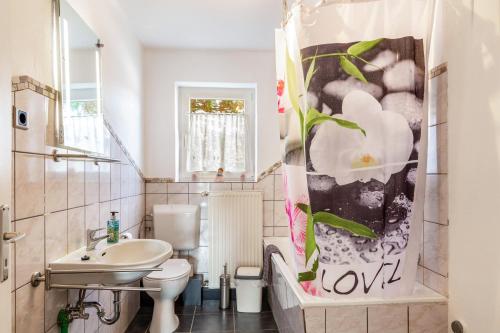 a bathroom with a white toilet and a sink at Möblierte Wohnung Ferienwohnung in Aicha vorm Wald
