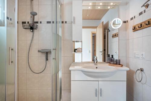 ein Badezimmer mit Waschbecken und Dusche in der Unterkunft Rudemsmännchen in Eisenbach