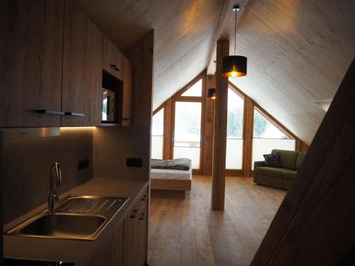 a kitchen with a sink and a living room at Sigmundenhof Schonach in Ölberg