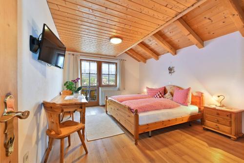 a bedroom with a bed and a desk and a television at Birkenhof - Wohnung Bichel in Sluderno