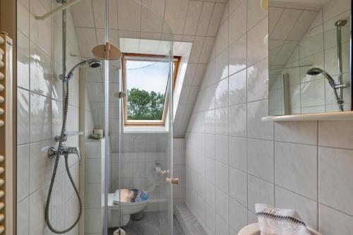 a bathroom with a shower and a toilet at Ferienhaus Beckerwitz in Beckerwitz