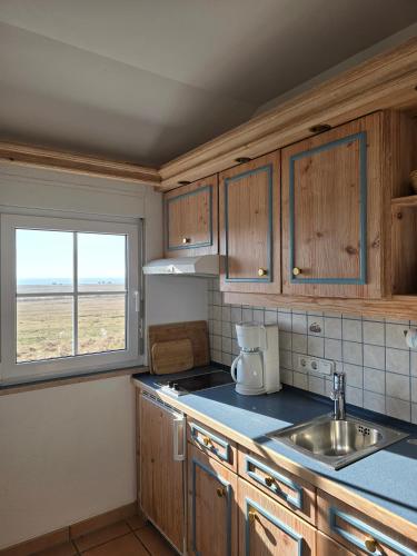 a kitchen with wooden cabinets and a sink and a window at Taun Hövt in Groß Zicker