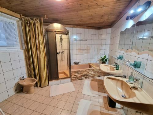 a bathroom with two sinks and a shower and a toilet at Apartment Gina in Stall