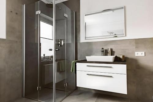 a bathroom with a sink and a glass shower at Fewo Waldfeeling in Brilon