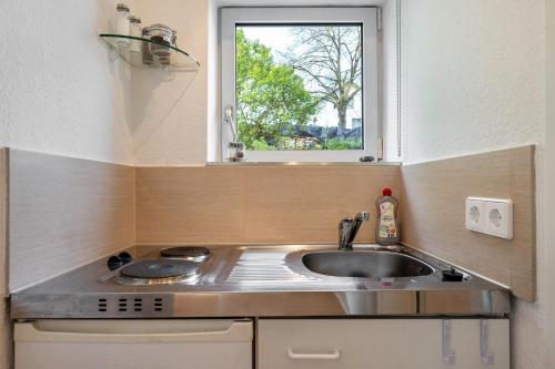 a small kitchen with a sink and a window at Kocher und Jagst in Michelbach an der Bilz