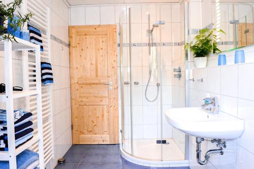 a bathroom with a sink and a shower at Wellehof in Oberkirch