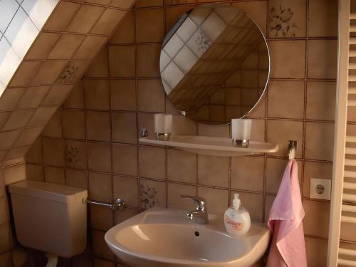 a bathroom with a sink and a mirror at Fewo Nordseeblick in Langeneß