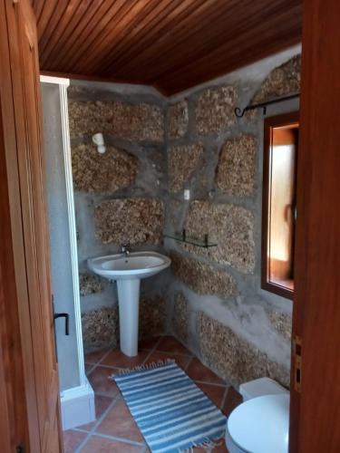 a stone bathroom with a sink and a toilet at Casa de Andrães - Glicíneas in Marco de Canaveses