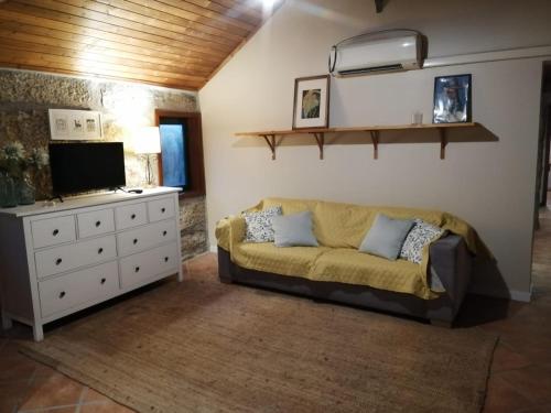 a living room with a couch and a tv at Casa de Andrães - Glicíneas in Marco de Canaveses