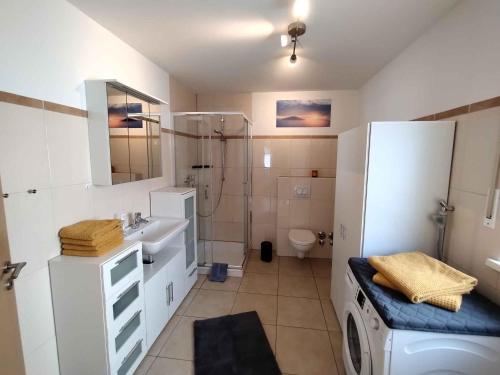 a bathroom with a shower and a sink and a toilet at Ferienwohnung Am Kamp in Schmallenberg