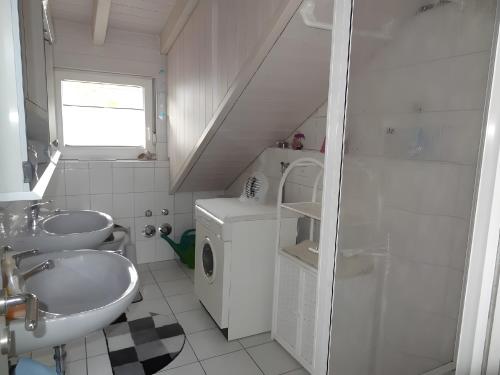 a bathroom with a sink and a washing machine at Fewo Singler in Hofstetten