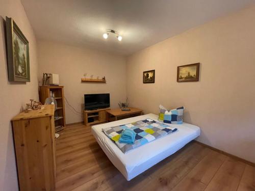 a bedroom with a bed and a tv in it at Ferienhaus Weitblick in Zossen