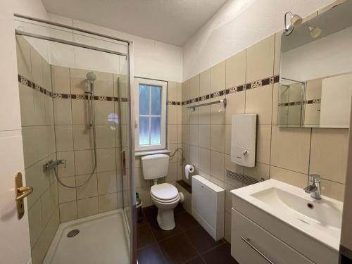 a bathroom with a toilet and a sink and a shower at Ferienhaus Weitblick in Zossen