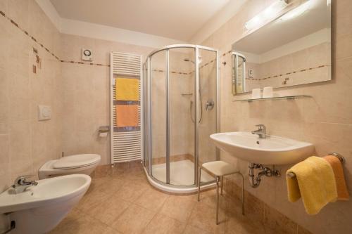 a bathroom with a shower and a sink and a toilet at Stettnerhof Wohnung Laugen in Vollan