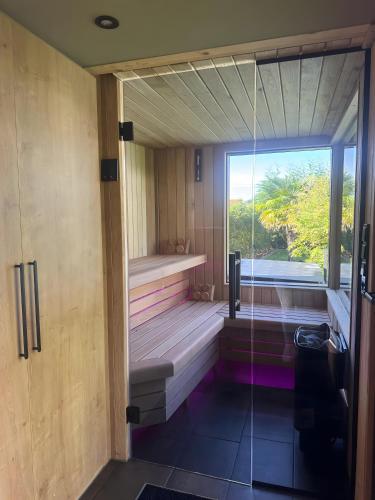 a sauna with a window and a glass door at Luxuriöse Fewo Schaffner in Warendorf