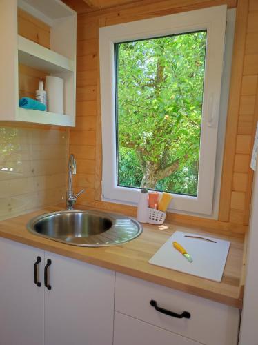 a kitchen with a sink and a window at Mobile Tinyhouse by Wolfsberger in Mayrhof