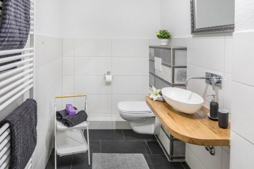 a bathroom with a sink and a toilet at Ferienwohnung Holly in Ebringen