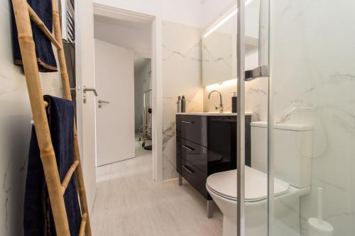 a bathroom with a toilet and a sink and a mirror at Beach And Mountain Apartment in Sesimbra
